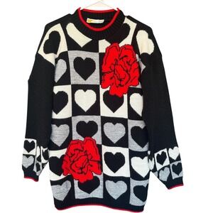 Vintage Traffic Jam Sweater Womens Large Black Hearts Roses Graphic Knit 80s